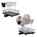Kuber Industries 2 Pcs Stainless Steel 2-Tier Kitchen Dish Drainer Rack with Removable Drain Board | Dishwash Organizer | Drying Rack with Drainer Tray | Vessel/Bartan Stand for Sink | Black