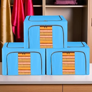 kuber industries pack of 3 clothes storage box  24 liter waterproof storage box for saree-shirts amp blankets  underbed storage bag  foldable parachute steel frame wardrobe organizer  sky blue