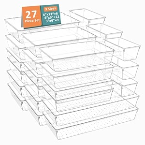 kuber industries 99 pcs set multi-purpose transparent drawer organizers  plastic trays for storage kitchen amp aesthetic dressing table organisers for cosmetics makeup amp stationery  transparent