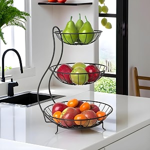 kuber industries 3-layer metal fruit basket for dining table - vegetable amp banana organizer storage rackbowl for kitchen - black 29x29x46 cm