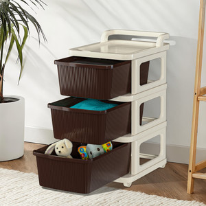 kuber industries 3 layer plastic modular storage drawer organizer with wheels  ivory  brown plastic free standing chest of drawers