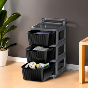 kuber industries 3 layer plastic modular storage drawer organizer with wheels  grey  black plastic free standing chest of drawers