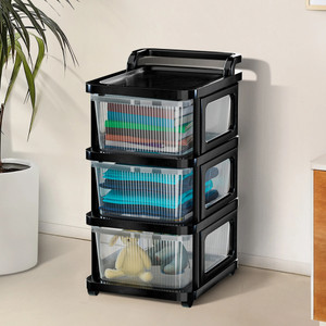 kuber industries 3 layer plastic modular storage drawer organizer with wheels  transparent black plastic free standing chest of drawers