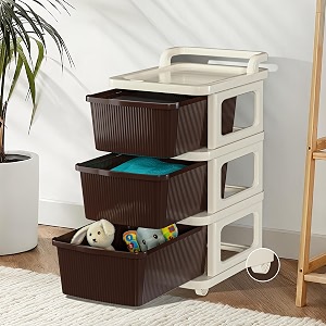 kuber industries 3 layer plastic modular storage drawer organizer with wheels  chest of drawer storage box for living room office school and home  toys organiser for kids room  ivory amp brown