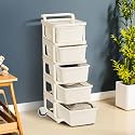 Kuber Industries 5 Layer Heavy Duty Plastic Storage Drawer with Wheels | Modular Cabinet for Bedroom, Office, Home | Chest of Drawers Organiser for Cosmetics, Kitchen items, Toys Storage | Ivory
