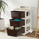 Kuber Industries 3 Layer Plastic Modular Storage Drawer Organizer with Wheels | Chest of Drawer Storage Box for Living Room, Office, School and Home | Toys Organiser for Kids Room | Ivory &amp; Brown