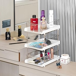 kuber industries 3 layer polypropylene clear sliding makeup drawer storage organizer boxstand  cosmetic storage box for women  dressing table organiser for jewellry skincare amp perfume  white