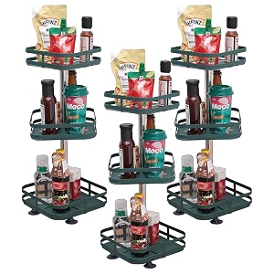 kuber industries 3-layer rotating spice racksquare shelf for cabinet countertop360-degree rotable kitchen trolleyfruit basket pack of 3 dark green