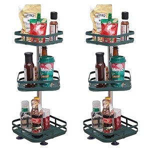 kuber industries 3-layer rotating spice racksquare shelf for cabinet countertop360-degree rotable kitchen trolleyfruit basket pack of 2 dark green