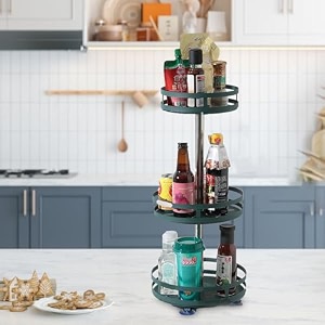 kuber industries 3-layer rotating spice rackcircular shelf for cabinet countertop360-degree rotable kitchen trolleyfruit basket dark green