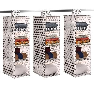 kuber industries non woven foldable 4 shelf hanging closet organizer  multipurpose wardrobecupboardclothalmirah hanging organizer  perfect for daily clothesgarment  polka dot - white