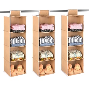 kuber industries 3 pcs foldable 4 shelf hanging closet organizer  multipurpose wardrobecupboardalmirah hanging cloth organizer  perfect for daily clothesgarment  plain - brown