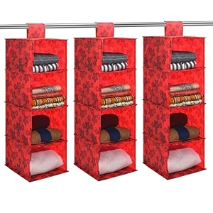 kuber industries 3 pcs foldable multipurpose 4 shelf hanging closet organizer  wardrobecupboardalmirah hanging cloth organizer  perfect for daily clothesgarment  new flower - red