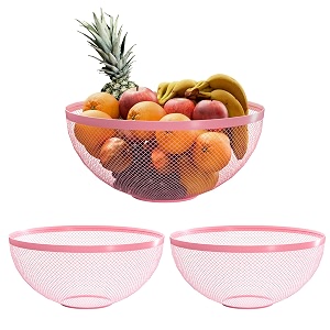 kuber industries 3 pcs metal fruits amp vegetables basket bowl  veggie baskets for dining table accessories  storage bowls for decorative pantry home amp kitchen multi-purpose use - pink