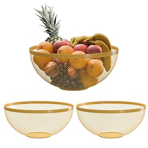 kuber industries 3 pcs metal fruits amp vegetables basket bowl  veggie baskets for dining table accessories  storage bowls for decorative pantry home amp kitchen multi-purpose use - golden