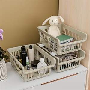 kuber industries 6 pcs set plastic stackable wardrobe organizer rack for storage  multipurpose sliding basket for modular kitchen and bathroom countertop  beige