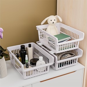 kuber industries 3 pcs set plastic stackable wardrobe organizer rack for storage  multipurpose sliding basket for modular kitchen and bathroom countertop  pink marble