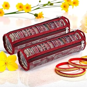 kuber industries pvc pack of 2 bangles organisers storage box with 10 compartments  gold jewellery pouch amp chudi case holder for women  printed -maroon