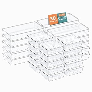 kuber industries 99 pcs set multi-purpose transparent drawer organizers  plastic trays for storage kitchen amp aesthetic dressing table organisers for cosmetics makeup amp stationery  transparent