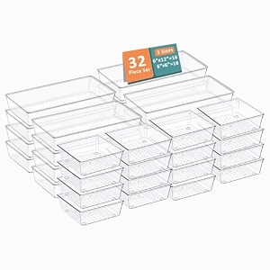 kuber industries 99 pcs set multi-purpose transparent drawer organizers  plastic trays for storage kitchen amp aesthetic dressing table organisers for cosmetics makeup amp stationery  transparent