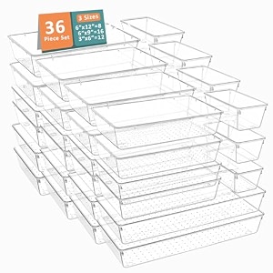 kuber industries 99 pcs set multi-purpose transparent drawer organizers  plastic trays for storage kitchen amp aesthetic dressing table organisers for cosmetics makeup amp stationery  transparent