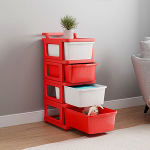 kuber industries 4 layer modular drawer storage rack with wheels for home  office  white  red plastic free standing chest of drawers