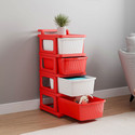 KUBER INDUSTRIES 4 Layer Modular Drawer Storage Rack with Wheels for Home & Office | White & Red Plastic Free Standing Chest of Drawers