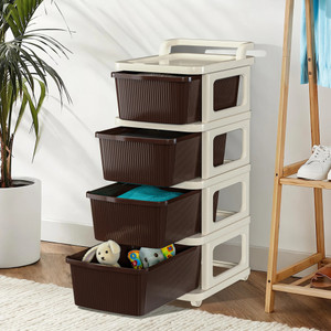 kuber industries 4 layer plastic modular storage drawer organizer with wheels  ivory  brown plastic free standing chest of drawers