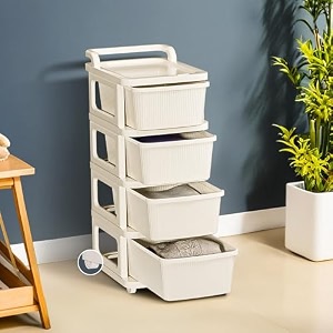 kuber industries 5 layer heavy duty plastic storage drawer with wheels  modular cabinet for bedroom office home  chest of drawers organiser for cosmetics kitchen items toys storage  ivory