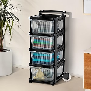 kuber industries 4 layer heavy duty plastic storage drawer with wheels  modular cabinet for bedroom office home  chest of drawers organiser for cosmetics kitchen items toys  transparent black