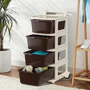 kuber industries 4 layer plastic modular storage drawer organizer with wheels  chest of drawer storage box for living room office school and home  toys organiser for kids room  ivory amp brown