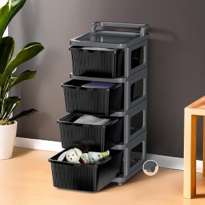 kuber industries 4 layer heavy duty plastic storage drawer with wheels  modular cabinet for bedroom office home  chest of drawers organiser for cosmetics kitchen items toys  grey amp black