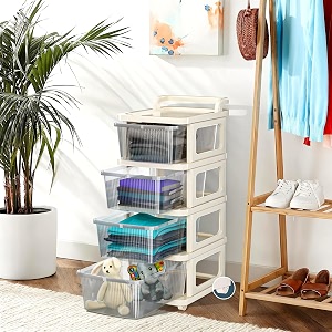 kuber industries 4 layer plastic modular storage drawer organizer with wheels  chest of drawer storage box for living room office school and home  toys organiser for kids room  transparent ivory