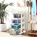 Kuber Industries 4 Layer Plastic Modular Storage Drawer Organizer with Wheels | Chest of Drawer Storage Box for Living Room, Office, School and Home | Toys Organiser for Kids Room | Transparent Ivory