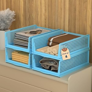 kuber industries 12 pcs foldable kids wardrobe organizer for clothes storage  stackable slide out baby dress organiser for wardrobe - home organizers for girls cupboard closet  blue