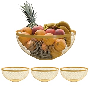 kuber industries 4 pcs metal fruits amp vegetables basket bowl  veggie baskets for dining table accessories  storage bowls for decorative pantry home amp kitchen multi-purpose use - golden