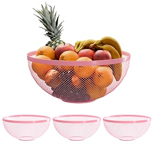 kuber industries 4 pcs metal fruits amp vegetables basket bowl  veggie baskets for dining table accessories  storage bowls for decorative pantry home amp kitchen multi-purpose use - pink