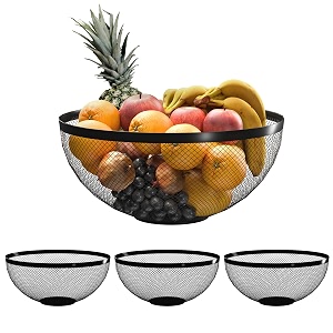 kuber industries 4 pcs metal fruits amp vegetables basket bowl  veggie baskets for dining table accessories  storage bowls for decorative pantry home amp kitchen multi-purpose use - black