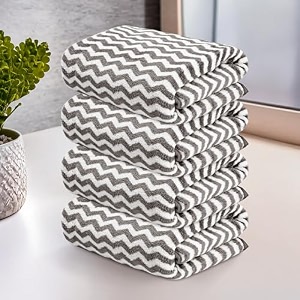 kuber industries 4 pcs microfiber 19x38 inch soft face towels for women and men  280 gsm quick dry amp absorbent hanging hand towels for wash basin bathroom kitchen and home  zig zag - grey