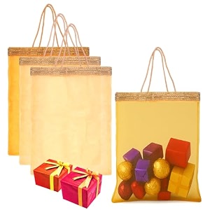 kuber industries 4 pcs tissue organza fabric 12x16 inch potli bags for ladies  potli bags for return gifting amp shagun wedding  party handbags for festive seasons  gota work - yellow amp cream