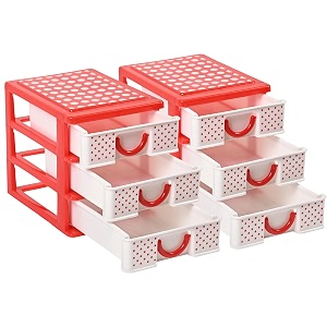 kuber industries pack of 2 drawer stationary oragnizers for desk amp pen holder for study table  3-tier pencil stand for students  dots-white amp red
