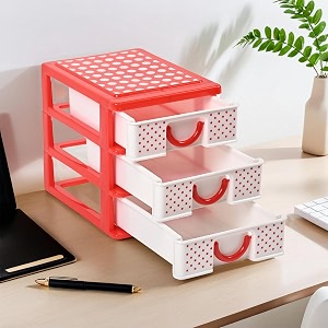 kuber industries 3-tier drawer stationary oragnizers for desk amp pen holder for study table  pencil standbox for students  dots-white amp red