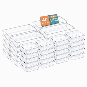 kuber industries 99 pcs set multi-purpose transparent drawer organizers  plastic trays for storage kitchen amp aesthetic dressing table organisers for cosmetics makeup amp stationery  transparent