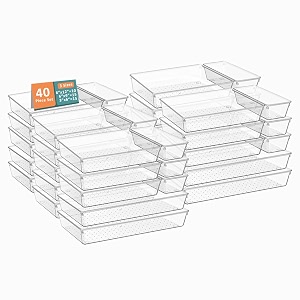 kuber industries 40 pcs set multi-purpose transparent drawer organizers  plastic trays for storage kitchen amp aesthetic dressing table organisers for cosmetics makeup amp stationery  transparent