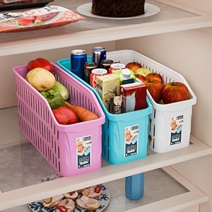 kuber industries 4000 ml set of 3 bpa free plastic easy pull out fridge basket for vegetables and fruits  multipurpose storage tray for kitchen  white grey amp beige 30 x 12 x 17 centimeters