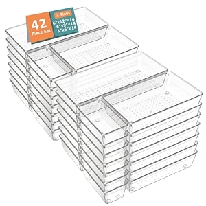 kuber industries 99 pcs set multi-purpose transparent drawer organizers  plastic trays for storage kitchen amp aesthetic dressing table organisers for cosmetics makeup amp stationery  transparent