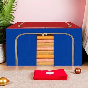 kuber industries 44 liter clothes storage box  foldable steel frame clothes organizer  storage box for wardrobe-saree-shirts and blankets  underbed storage bag  red amp blue