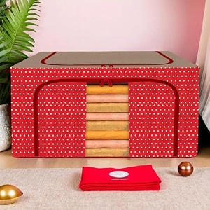 kuber industries 44 liter clothes storage box  foldable steel frame clothes organizer  storage box for wardrobe-saree-shirts and blankets  underbed storage bag  dot print  red amp brown
