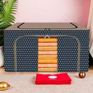 kuber industries 44 liter clothes storage box  foldable steel frame clothes organizer  storage box for wardrobe-saree-shirts and blankets  underbed storage bag  dot print  navy blue