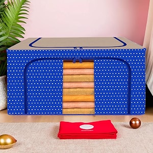 kuber industries 44 liter clothes storage box  foldable steel frame clothes organizer  storage box for wardrobe-saree-shirts and blankets  underbed storage bag  dot print  royal blue